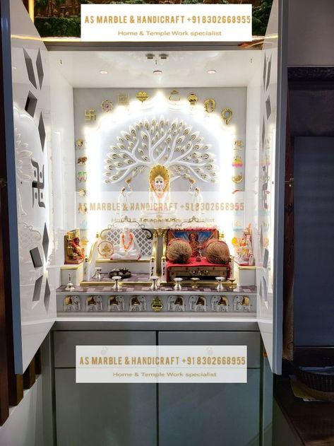 Puja Room Design, Jain Mandir, Home Temple Design, Corian Temple, Mandir Designs, Pooja Unit, Door Design Photos, Mandir Design, Temple Design For Home