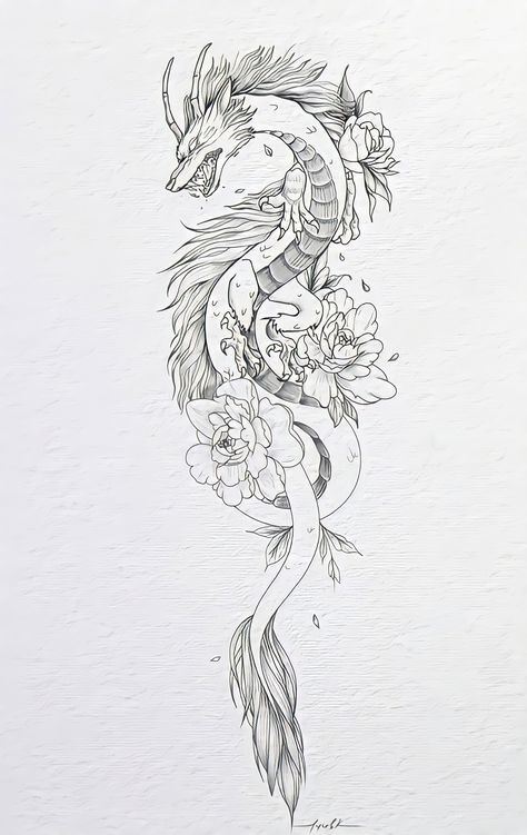 Tattoo Ideas For Females, Dragon Tattoo Arm, Dragon Tattoo Art, Ghibli Tattoo, Dragon Tattoo For Women, Dragon Tattoo Designs, Line Art Tattoos, Tattoo Art Drawings, Dope Tattoos