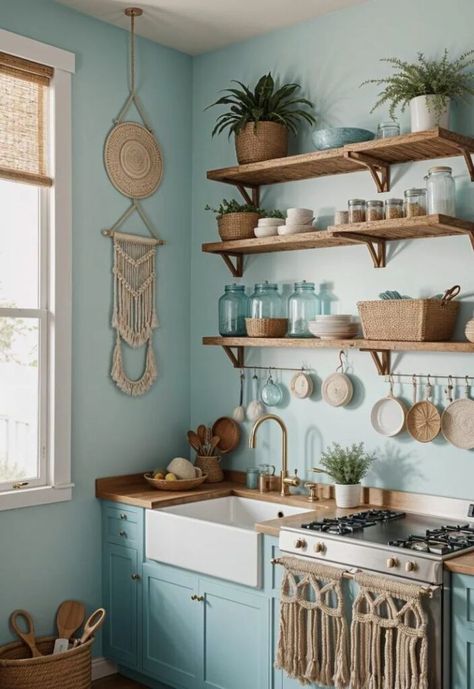 Coastal Boho Kitchen, Boho Chic Kitchen, Boho Style Kitchen, Boho Kitchen Ideas, Aqua Kitchen, Kitchen Colours, Boho Kitchens, Boho Kitchen Decor, Sweet Kitchen