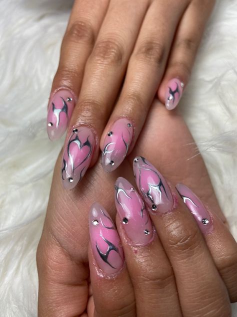 hearts flames fire gothic y2k gems rhinestones airbrush nails design almond shape Fire Heart Nail Design, Almond Fire Nails, Artsy Almond Nails, Y2k Nails Acrylic Almond, Nails Design Almond Shape, Almond Y2k Nails, Airbrush Art Nails, Heart Flame Nails, Y2k Nails Almond