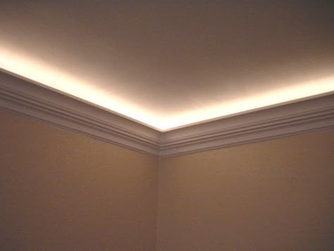 Use rope lights behind crown molding to create ambient light. These lights need to be connected to a dimmer switch. Lighting Bedroom, Cove Lighting, Nate Berkus, Rope Lights, Theatre Room, Massage Room, Crown Molding, Remodel Bedroom, Ambient Light