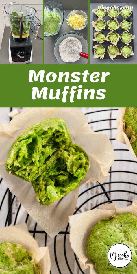 These Cheesy Monster Muffins are a healthy snack that the kids will love! The baby spinach gives them a green colouring, making them look like muffins little monsters might like to eat. They are quick to make, taste great and have the added bonus of being packed full of spinach. Perfect for grabbing on the go or popping into lunchboxes. #vjcooks #healthysnacks #kidsnacks #healthysnacksforkids #muffins #halloweenfood Monster Muffins, Green Muffins, Vj Cooks, Kids Lunch Box Ideas, Spinach Muffins, Baileys Recipes, Cheese Muffins, Frozen Spinach, Spinach And Cheese