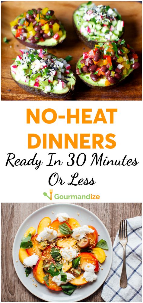 Slaving over a hot stove in the sweltering summer heat is the last thing anyone wants to be doing right now. Here are 60 no-heat dinners you can have on the table in 30 minutes or less! #quickandeasy #noheat #nobake #recipes #easydinners #dinner #quickdinners Heat Wave Recipes, Meals That Dont Need To Be Heated, No Heat Meals Summer, No Heat Dinners For Summer, No Heat Dinner Ideas, No Heat Recipes, No Heat Meals, No Cook Dinner, Meal Prep Plans