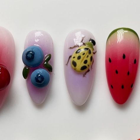 elle on Instagram: "bugs in ya fruit 🍒🐞🍉🫐  recreation set of the yummiest set by @allycoolcattt  & threw in some bugs !!   #summernails  #fruitnails  #bugnails  #bugnailart  #3dnails  #3dnailart" 3d Bug Nails, Trash Nails, Bug Nails, Food Nail Art, Fruit Nails, Fruit Nail, Food Nails, Fruit Nail Art, Crazy Nails