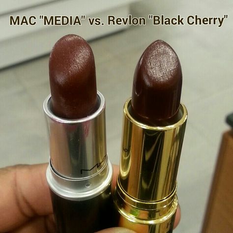 MAC "Media" ($16) vs Revlon "Black Cherry" (ranges from $4-$8) Revlon Rum Raisin, Revlon Hair Dye, Revlon Black Cherry, Lips Care, Rum Raisin, Makeup Board, Pottery Crafts, Black Cherry, Brown Skin