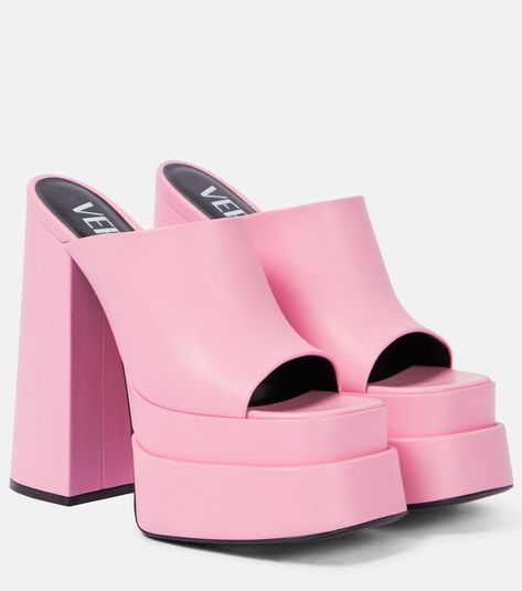 Leather Peep Toe Platform Sandals in Pink - Versace | Mytheresa Versace Leather, Versace Women, 90s Girl, Rose Shoes, Platform Mules, Versace Shoes, Fashion Closet, Kawaii Style, Girly Shoes