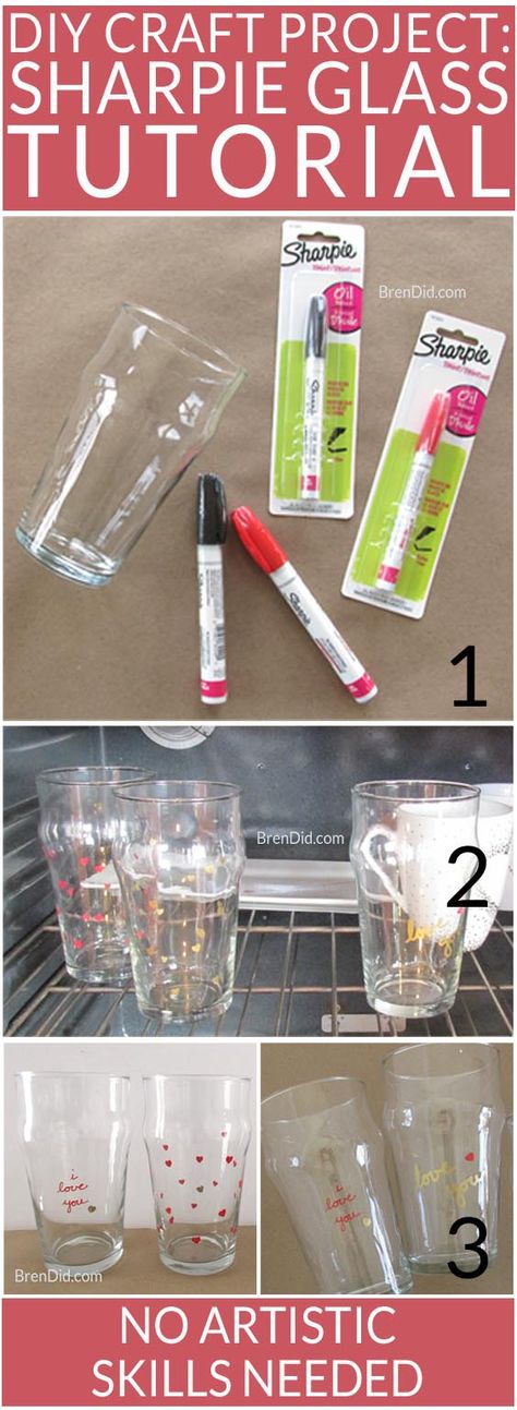 Easy Sharpie Glass Tutorial - make custom glasses with sharpie paint pens. Easy craft. via @brendidblog Sharpie Glass Painting, Diy Custom Wine Glasses, Sharpie Wine Glasses, Sharpie Glass, Sharpie Projects, Sharpie Paint Markers, Glass Paint Markers, Sharpie Paint Pens, Marker Crafts