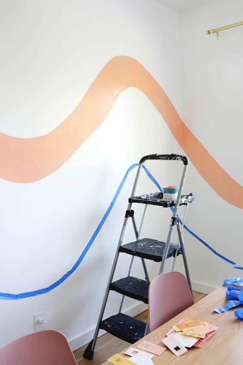 Striped Wave Wallpaper DIY! Swirl Wall Painting Ideas, Squiggle Wall Mural Diy, Wavy Painted Wall, Wavy Wall Paint, Retro Stripe Wall, Wave Wall Mural, Wavy Wallpaper, Striped Accent Wall, Kids Church Decor