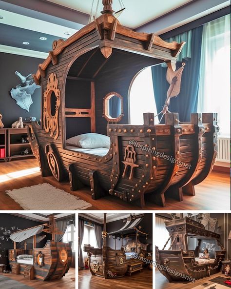 Ship Bed, Pirate Ship Bed, Pirate Bedroom, Beautiful Bed Designs, Pirate Room, Outdoors Ideas, Interior Garden, Kids' Bed, Pirate Ship