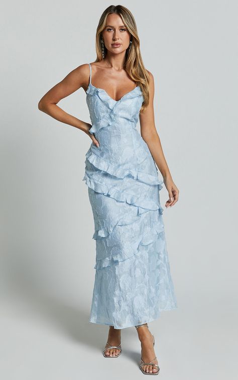 Michaela Midi Dress - Jacquard Ruffle Detail Tiered Dress in Light Blue Plus Size Birthday Dress Blue, Blue Floral Maid Of Honor Dress, Flutter Sleeve Prom Dress, Patterned Blue Bridesmaid Dresses, Light Blue Dress Engagement Photos, Bridesmaid Dress Light Blue, Cute Midi Dress, Bridesmaids Light Blue, Maxi Hoco Dress