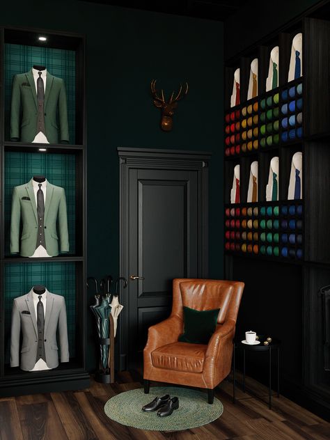 Mens Store Display, Tailoring Shop Interior Design, Luxury Retail Store, Men's Boutique, Suit Stores, Retail Store Interior Design, Clothing Store Interior, Classical Interior, Clothing Store Design