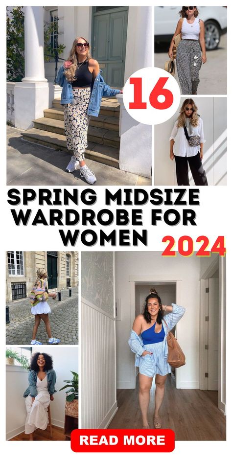 Welcome spring with the ultimate fashion statement: our Spring Midsize Wardrobe 2024. This collection is all about celebrating the midsize figure with stylish, comfortable, and versatile pieces. From cozy knitwear to light outerwear, each item is tailored to fit and flatter. Build your dream spring capsule wardrobe and step out in style. Summer Style 2024 Mid Size, 2024 Outfits Plus Size, Midsize Summer Capsule Wardrobe, Summer Mom Outfits 2024 Midsize, Midsize Style 2024, Mid Weight Fashion, Summer Clothes For Plus Size Women, Midsize Leggings Outfit Summer, Curvy Spring Fashion