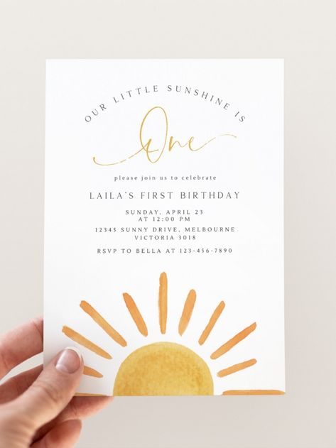 Celebrate with Us: Kid's Birthday Party Bash First Year Around The Sun Birthday Invitation, Here Comes The Sun Invitation, Lap Around The Sun Birthday, Boho Sun Birthday Party, Sun Invitations, Sun Themed Party, Sun Birthday Party Theme, Sun Themed Birthday Party, Birthday Party Minimalist