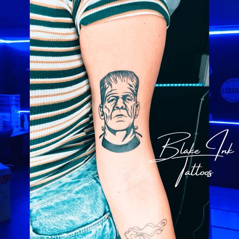 Classic Monsters Tattoo, American Traditional Frankenstein Tattoo, Frankenstein Tattoo Simple, Classic Monster Tattoo, Frankenstein Tattoo Traditional, Traditional Frankenstein Tattoo, Classic Horror Tattoo, Universal Monsters Tattoo, Horror Sleeve