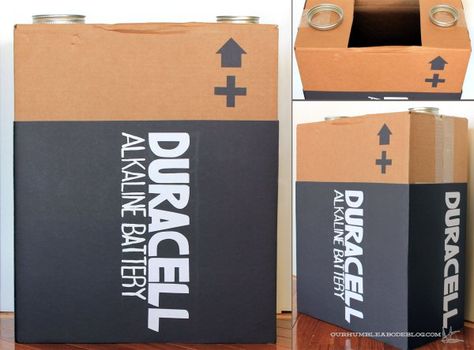 Funny kids costume: 9 volt battery made from cardboard box, black poster board, and canning lids. Battery Costume Diy, Cardboard Box Costumes, Cardboard Halloween Costumes, Cardboard Box Costume, Cloud With Rain, Funny Kid Costumes, Boxing Halloween Costume, Duracell Battery, Paper Bat