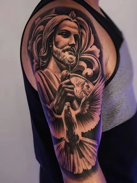 San Judas Shoulder Tattoo, Tonantzin Tattoo, San Judas Tadeo Tattoo Sleeve, San Judas Tattoo Women, Saint Jude Tattoo, San Judas Tattoo Design, St Jude Tattoo, Bea Tattoo, St. Jude Tattoo