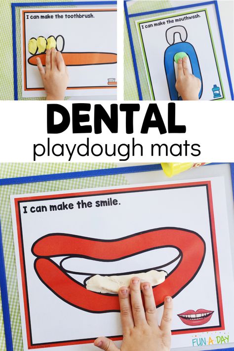 These dental playdough mats are just what you need during your next dentist or community helper theme. Kids strengthen their fine motor skills as they create dental-themed pictures. Click on the Fun-A-Day.com link to get your copy of the free play dough mats. Medical Theme Preschool, Community Helpers Dentist, D Is For Dentist Preschool, My Body Activities For Kindergarten, Dentist Theme Preschool Activities, Dental Crafts, Dentist Fine Motor Activities, Dental Week Activities For Toddlers, Dental Health Preschool Dramatic Play