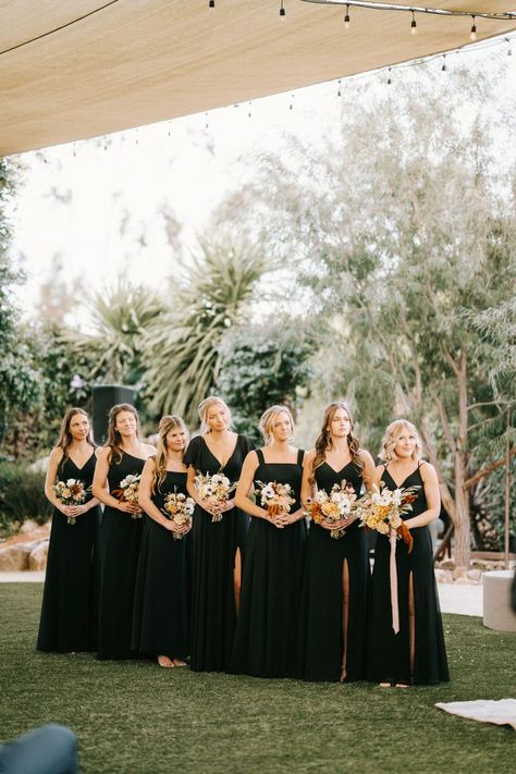 Black Bridesmaid Dresses Mismatched, Black Bridesmaid Dress Mismatched, Modern Wedding Aesthetic, Bridesmaid Dresses Mismatched, Swan House Wedding, River Garden, Vista California, Tan Wedding, Black Bridesmaid