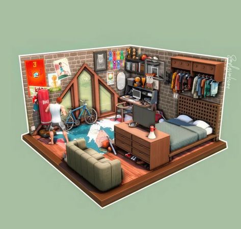 Sims 4 Sporty Bedroom, Sims 4 Attic Bedroom, Sims 4 Teen Boy Room, Sims4 Bedroom Ideas, Teen Room Sims 4, Sims 4 Boys Room, Sims 4 Basement, Sims 4 Teen Room, Sims 4 Teen Bedroom