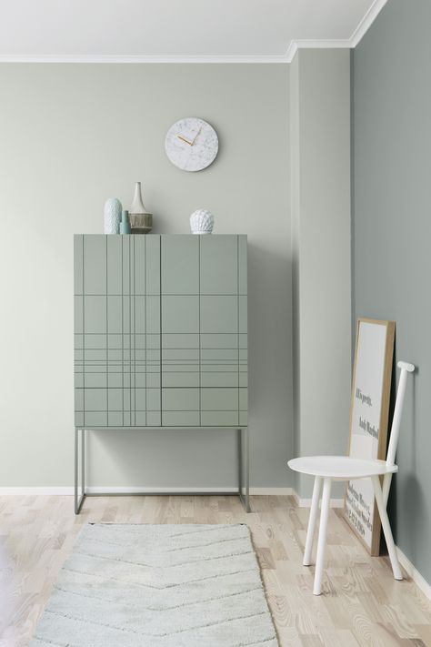 jotun 7555 SOFT MINT (Left Wall) 7163 MINTY BREEZE (Right Wall) Short Cabinet, Green Cabinet, Jotun Lady, Dekorasi Kamar Tidur, Green Interiors, Interior Furniture, Wall Color, Home Fashion, 인테리어 디자인