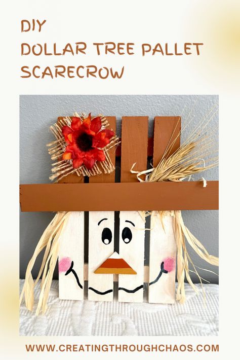 Dollar Tree Scarecrow Pallet - Creating Through Chaos Dollar Tree Fall Decor Diy Craft Ideas, Dollar Tree Scarecrow, Pallet Scarecrow, Dollar Tree Fall Decor Diy, Pallet Craft, Wood Pallet Crafts, Small Pallet, Mini Crates, Christmas Bazaar