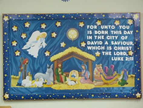 Christmas Bulletin Board #1 based on Luke 2:11 Christmas Bulletin Board Decorations, Christmas Board Decoration, Christmas Bulletin Board Ideas, Christmas Charts, Christmas Sunday School, Christmas Bulletin Boards, Classroom Christmas Decorations, School Board Decoration, Christmas Bulletin Board