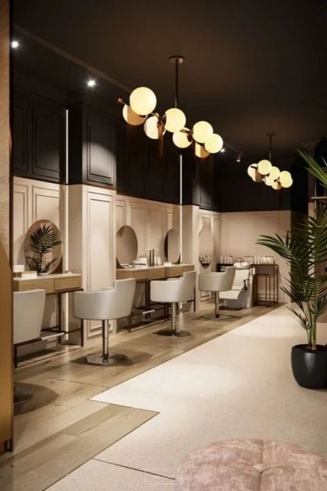 salon interior design Modern Chic Salon, Barbershop Interior Design, Modern Beauty Salon Interior Design, Black Salon Interior, Modern Salon Decor, Modern Salon Interior Design, Modern Salon Reception Desk, Modern Hair Salon Interior Design, Modern Hair Salon