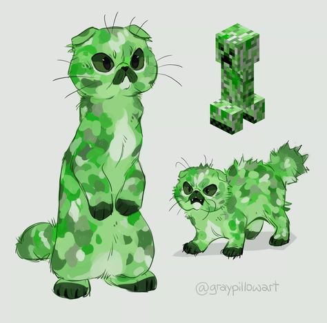 Minecraft Character Drawing, Minecraft Creeper Art, Warrior Cat Fanart, Creeper Drawing, Minecraft Cats, Cat Minecraft, Minecraft Sketch, Silly Drawings, Minecraft Images