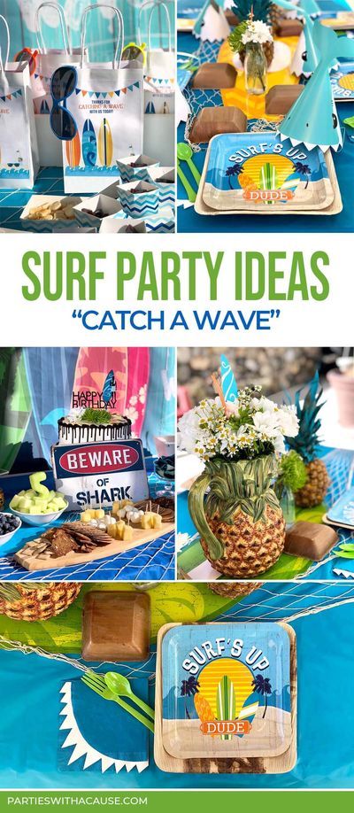 Ready to Catch a Wave? This surfing party is so simple and fun. Check out all the surf party decorations, surf food ideas, surf printables, and EASY centerpieces for the perfect surf party with a Hawaiian vibe! Find all the fun details at PartiesWithACause.com #surfparty #kidsbirthdayparty #kidpartyideas Surfer Birthday Party Decorations, Surfs Up Birthday Party Decoration, Surf Party Food Ideas, Surfer Party Food, Surf Centerpiece Ideas, Surfer Party Ideas, Surf Theme Party Food, Surf Birthday Party Food, Surf Birthday Party Boy