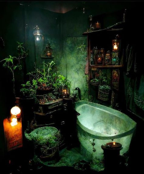 Spooky Interior, Witch Aesthetic Bathroom, Witch Bathroom Ideas, Witch Bathroom Aesthetic, Goth Bathroom Aesthetic, Gothic Cottage Interiors, Goth Tiny House, Witch Bathroom Decor, Witch Bathroom