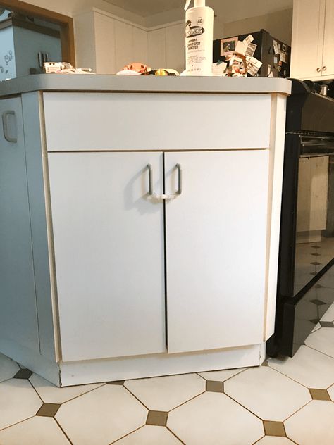 Plain Cabinet Door Makeover, Wallpaper On Laminate Cabinets, Refinish Laminate Cabinets, How To Paint Formica Cabinets, Updating Laminate Cabinets, Update Melamine Cabinets, Vinyl Cupboard Makeover, Refinishing Laminate Cabinets, Painting Vinyl Cabinets