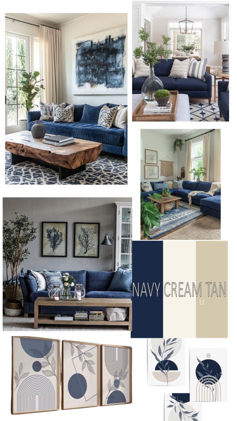 Navy Country Living Room, Navy Brown White Living Room, Navy Couch Grey Walls Living Room, Navy Blue White Living Room, Navy Sofa Cream Walls, Monochromatic Blue Living Room, Navy Blue Couch Decor, Farmhouse Living Room Blue Couch, Navy Blue Colour Scheme