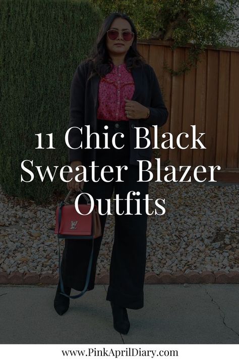 Elevate your fall wardrobe capsule with my latest fall styling trends blog post featuring 11 chic black sweater blazer outfits for women. From a black sweater blazer with jeans to a black blazer with a sweater dress, this black sweater blazer styling guide will help you learn how to wear a black sweater blazer to create a chic and modern look. Click the link to read more today! Black Sweater Blazer Outfit, Sweater Blazer Outfit, Black Blazer With Jeans, Blazer Styling, Black Blazer Outfit, Wide Leg Jeans Outfit, Chic Fall Fashion, Leather Skirt Outfit, Fall Style Guide