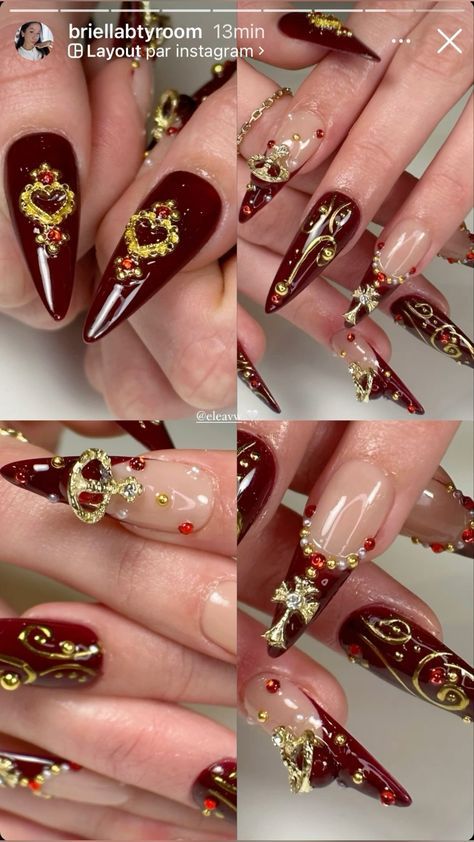 Red Unique Nails, Sade Aesthetic Nails, Red And Gold Stiletto Nails, Red And Gold Nails Ideas, Sade Nails, Cathedral Nails, Sagittarius Nails Designs, Red Nails With Gems, Baroque Nails