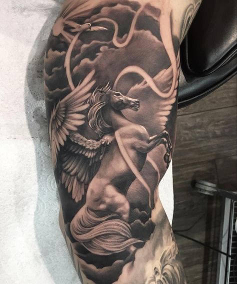 Horse Wings, Hercules Tattoo, Pegasus Tattoo, Clouds Sunrise, Sky Tattoos, Horse Tattoo Design, Dragon Tattoos For Men, Greek Mythology Tattoos, Mens Shoulder Tattoo