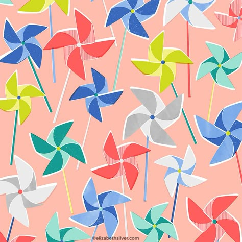 Spring pinwheels ©elizabeth silver Pinwheel Illustration, Pinwheel Art, Paper Pinwheels, Flying Kite, Pinwheels Paper, Perspective Drawing Lessons, Blog Backgrounds, Greek Key Pattern, Art Deco Pattern