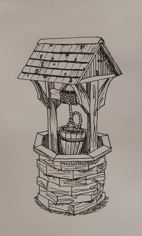 Wishing Well Drawing Sketch, Water Well Tattoo, Wishing Well Drawing, Wishing Well Tattoo, Cottage Drawing Simple, Well Sketch, Watercolour Houses, Comic Elements, Well Drawing