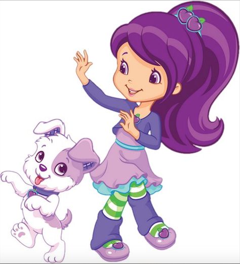 Plum Pudding dancing with her puppy dog, PitterPatch from Strawberry Shortcake Plum Pudding Strawberry Shortcake, Strawberry Shortcake Pictures, June Zodiac, Strawberry Shortcake Costume, Purple Strawberry, Berry Shortcake, Strawberry Shortcake Cartoon, Strawberry Shortcake Characters, Plum Pudding