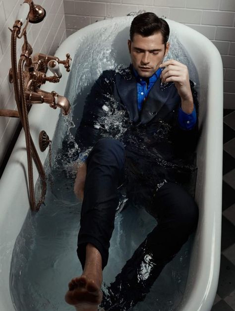 I like the concept of fully dressed and yet submerged in water - with a city skyline in the background it could create a cool dynamic Bathtub Photography, Sean O'pry, Bath Photography, Men Photoshoot, Mens Editorial, Men Photography, Mens Fashion Photography, Male Photography, Photography Poses For Men