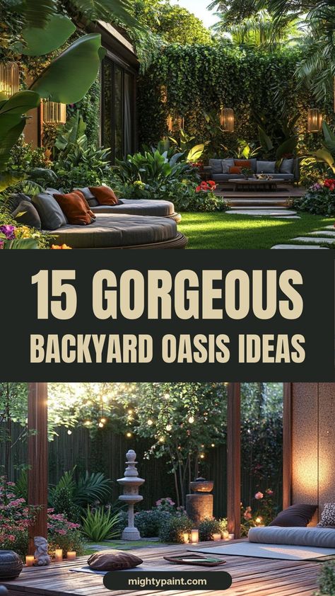 Create your perfect escape with these 15 gorgeous backyard oasis ideas! 🌿✨ Whether you dream of a cozy fire pit, a soothing water feature, or a lush garden hideaway, these designs will transform your outdoor space into a haven of relaxation. Perfect for hosting summer gatherings or unwinding after a long day, these ideas combine comfort and style beautifully. 🪴☀️ Add string lights, comfy seating, or even a hammock to make it your personal paradise. Save this pin to start planning your ultimate backyard retreat! 🕯️🍹🌺 Unique Backyard Ideas, Garden Hideaway, Serene Backyard, Cozy Fire Pit, Outdoor Movie Screen, Backyard Sanctuary, Ultimate Backyard, Lush Landscaping, Meditation Corner