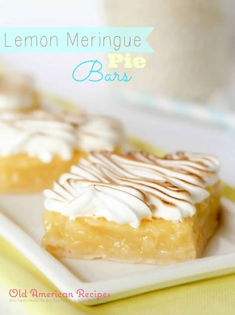 Lemon Meringue Pie Bars - Old American Recipes Lemon Meringue Pie Bars, Lemon Fluff, Lemon Pie Bars, April Recipes, Desert Board, Brunch Treats, Lemon Desserts Easy, Church Potluck Recipes, May Recipes