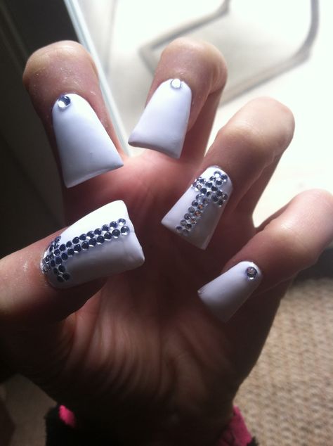 Gem Cross Nails, Cross Nails, White Nail Polish, White Nail, White Nails, Nail Polish, Charms, Gems, Nails