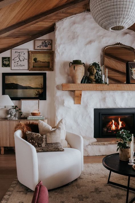 White Swivel Chairs, Nesting With Grace, Small Swivel Chair, Small Family Room, Small Fireplace, Swivel Chair Living Room, Drew Barrymore, Spanish Colonial, Accent Chairs For Living Room