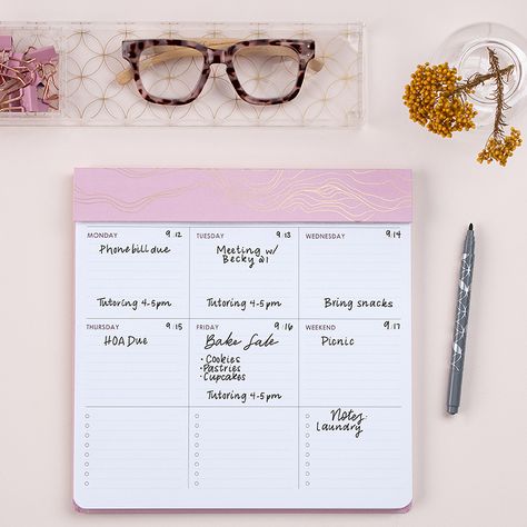 Whether you're using it to organize your weekly schedule or tackle your to-do lists, discover the ease of a life well planned with this stunning schedule pad! Designer accents elevates this schedule pad for a luxurious goal setting experience! Desk Pad Calendar, Desk Calendar Pad, Everyday Planner, Shop Desk, Life Changing Habits, Desk Pads, Perfect Desk, Friday Weekend, Weekly Schedule