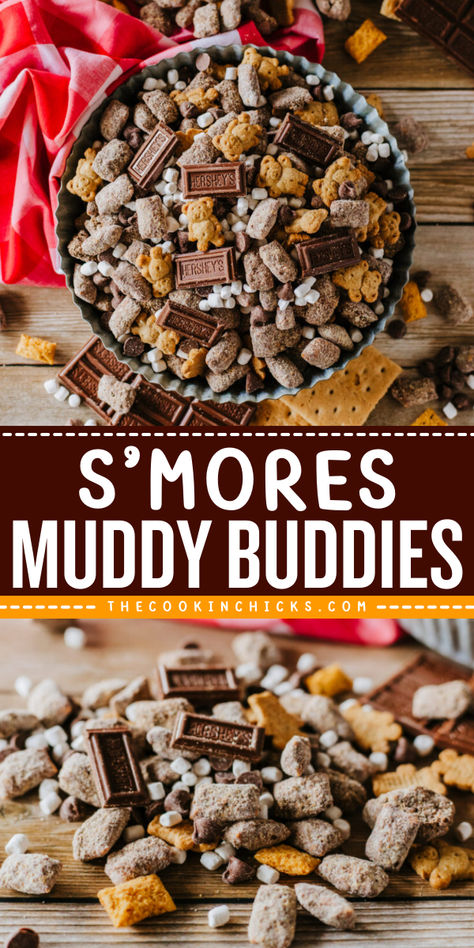 Put a twist on classic muddy buddies with this delicious recipe for S'mores Muddy Buddies! Enjoy the perfect combination of chocolate, marshmallows, and graham crackers in this easy-to-make snack. Smores Muddy Buddy Recipe, S’mores Chex Mix Recipe, S’mores Muddy Buddies, Churro Muddy Buddies Recipe, Hot Chocolate Muddy Buddies, Smores Puppy Chow Recipe, Fall Food For Potluck, Smores Muddy Buddies, Smores Mix Snack