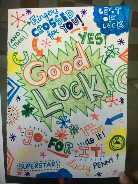 Diy Good Luck Cards Handmade, Good Luck Party Ideas, Good Luck Card Ideas Handmade, Diy Good Luck Cards, Good Luck Notes For Boyfriend, Good Luck Doodle, Good Luck Poster Ideas, Good Luck Posters, Good Luck Card Ideas