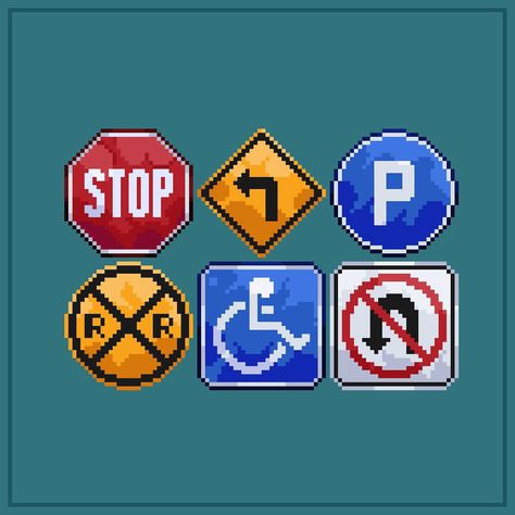 🚸 Road signs [32x32] — This is my first time drawing 32x32 pixel assets! I kind of like it to be honest, there is so much more room for details. - - - #pixelart #aseprite #roadsigns #digitalartist #smallartist Pixel Art Assets, Pixel Art Characters 32x32, Pixel Assets, 32x32 Pixel Art, Cool Pixel Art, Time Drawing, Pixel Art Characters, Traffic Signs, Art Characters