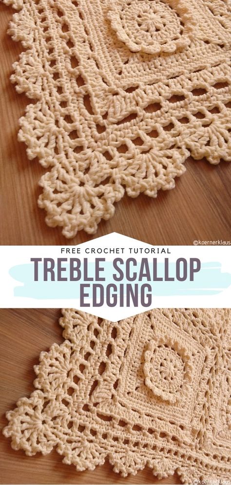 Treble Scallop Edging Free Crochet Pattern With this amazing edging in your library, you will never wonder how to finish off your works anymore. It is so delicate, sophisticated and intricate. It will surely look great on a blanket, a coaster, a hem of a dress, or a table runner. #crochetedging #crochetborder #freecrochetpattern Crochet Scallop Lace Edging, How To Crochet Ruffled Edges, Crochet Lace Edge Patterns Free, Lacy Crochet Edging And Borders, Crochet Blanket Scallop Border, Open Scallops Crochet Edging, Fancy Crochet Borders, Pretty Crochet Edging, Crochet Trims And Borders Free Patterns