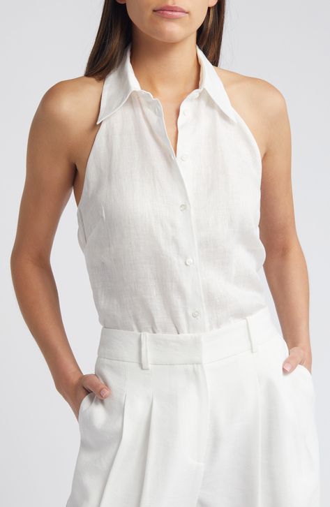 MANGO Chiara Halter Neck Linen Button-Up Shirt available at #Nordstrom Halter Neck Shirt, Steve Madden Sneakers, Formal Tops, White Linen Shirt, Sweaters And Leggings, Shirt Collection, Comfortable Sandals, Comfortable Dress, Eileen Fisher