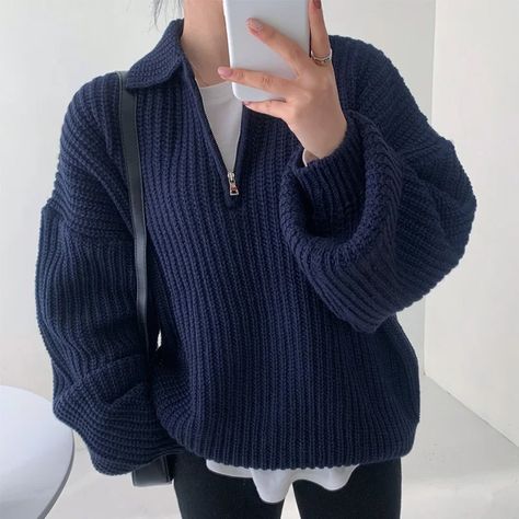 Lapel Thickened Knitted Pullover Women Fall Winter Korean Loose Soft Sweater Tops 5 Colors Navy Sweater Outfit, Blue Sweater Outfit, Dark Blue Sweater, Pullover Mode, Pullover Outfit, Winter Stil, Zippered Sweater, Long Sleeve Knit Sweaters, Blue Sweater